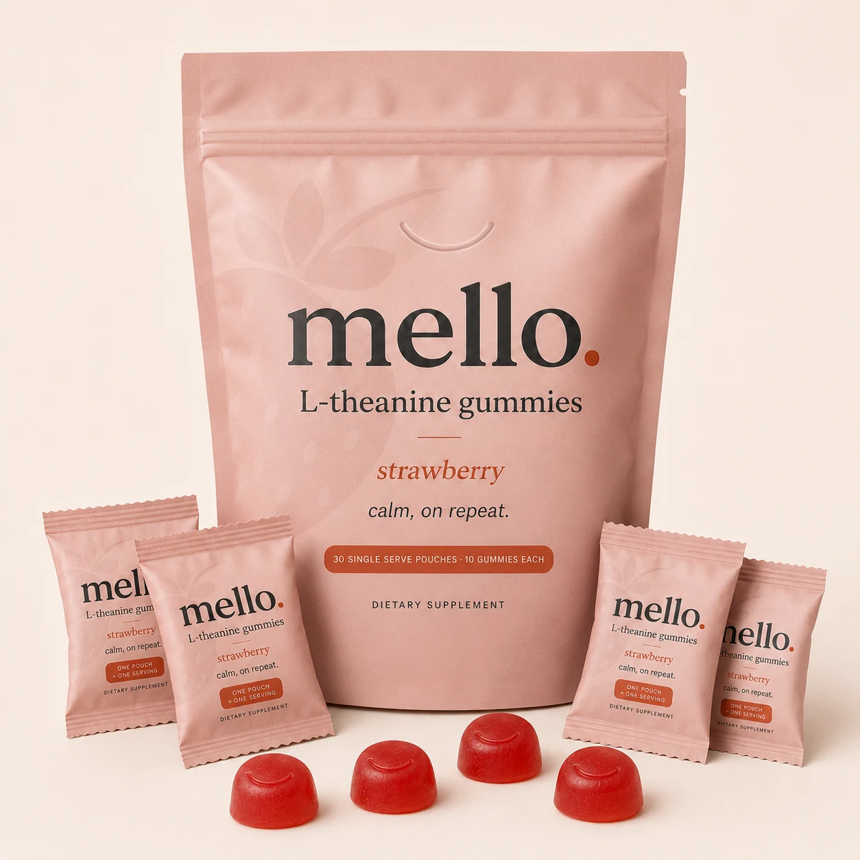 Mello Strawberry bag with 30 single-serve pouches and gummies