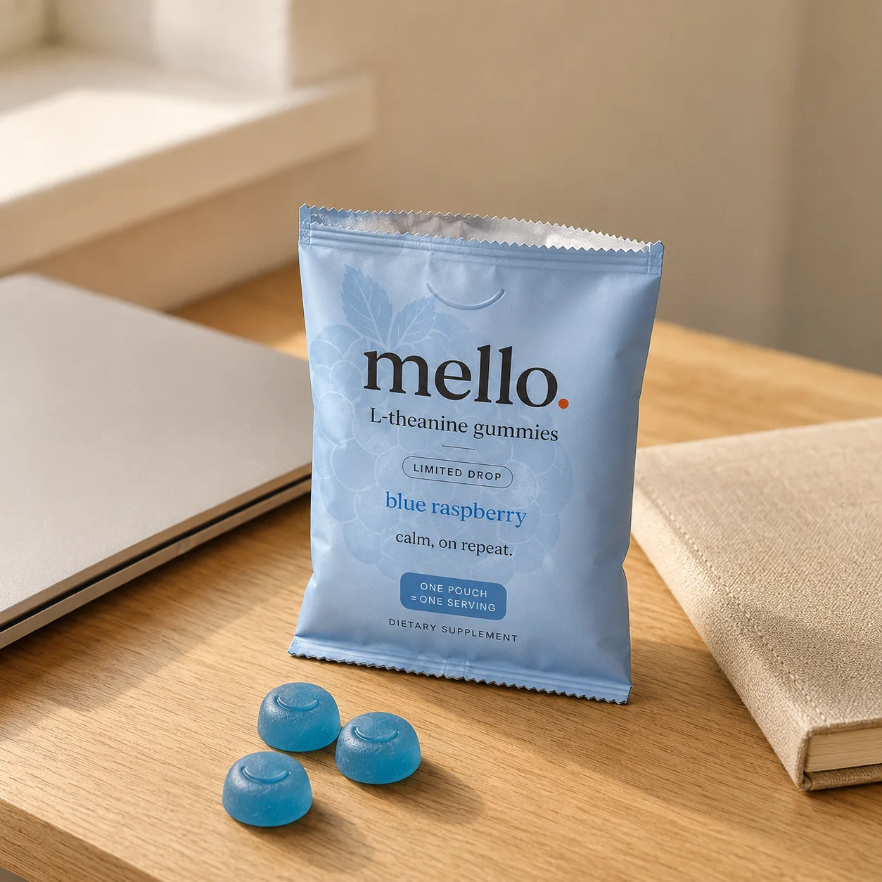 Torn-open Blue Raspberry Mello pouch on a desk with three blue gummies